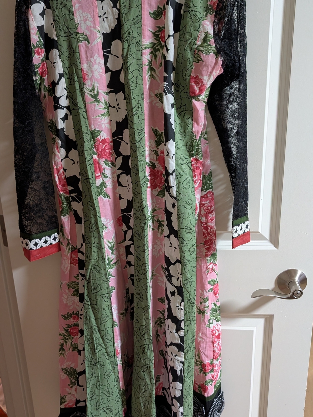 Womens Pink & Green Floral Long Anarkali Dress Top